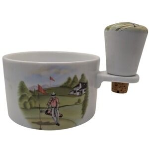 Liette Int Wine Bottle Coaster and Stopper Hand Decorated Porcelain Golf Scene